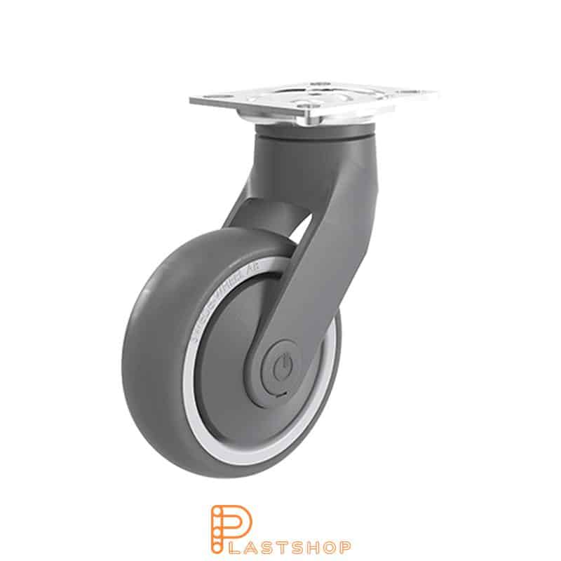 Link wheel without brake, plate, wheel diameter 100 mm, building height 147 mm, hub in PP with soft band in TPE in gray color. 100 kg load capacity, ball bearing