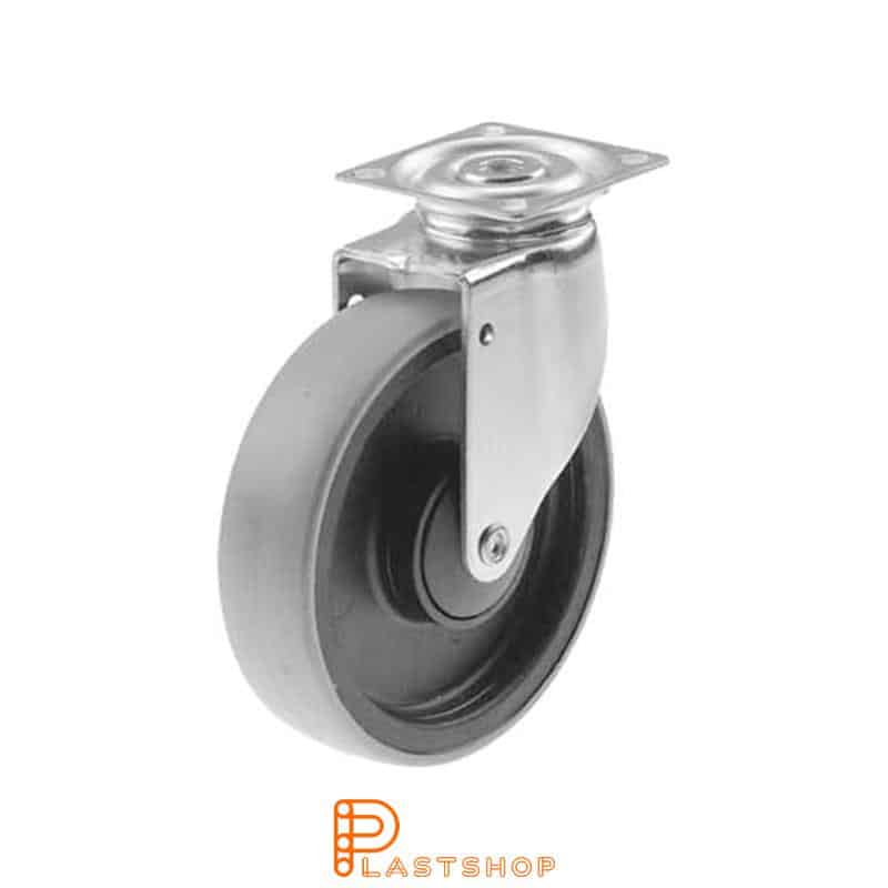 Link wheel without brake, plate, wheel diameter 125 mm, building height 151 mm, hub in PP with soft band in PUR in grå. 70 kg load capacity, ball bearing