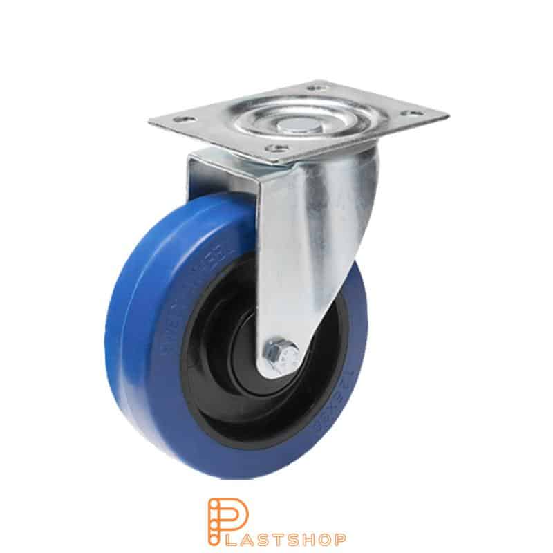 Link wheel without brake, plate, wheel diameter 125 mm, building height 155 mm, hub in PA6 with soft band in ElastoGum in blå. 200 kg load capacity, ball bearing