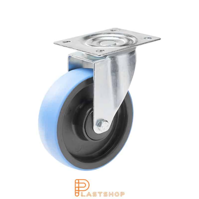 Link wheel without brake, plate, wheel diameter 125 mm, building height 155 mm, hub in PA6 with soft band in PUR in blå. 200 kg load capacity, ball bearing