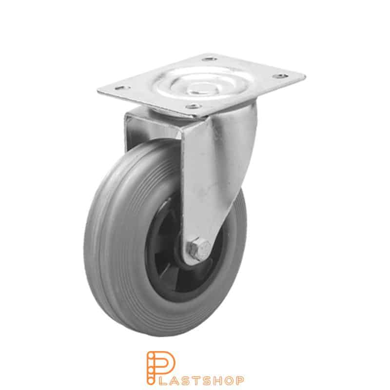 Link wheel without brake, plate, wheel diameter 125 mm, building height 155 mm, hub in PP with soft band in rubber in grå. 100 kg load capacity, roller bearing