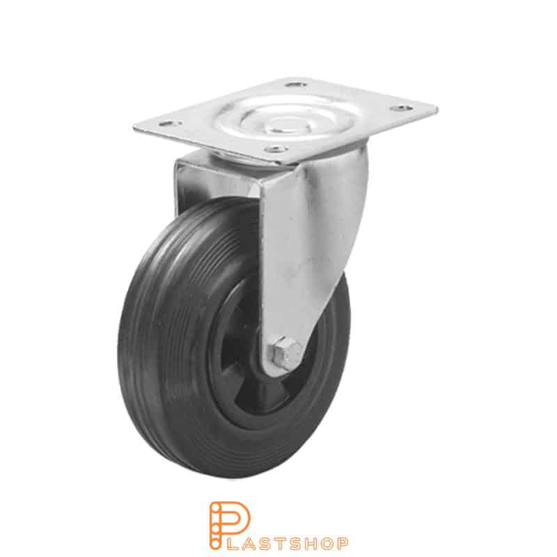 Link wheel without brake, plate, wheel diameter 125 mm, building height 155 mm, hub in PP with soft band in rubber in svart. 100 kg load capacity, roller bearing