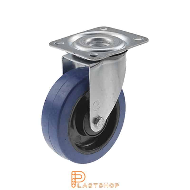 Link wheel without brake, plate, wheel diameter 125 mm, building height 156 mm, hub in PA6 with soft band in ElastoGum in blå. 160 kg load capacity, ball bearing