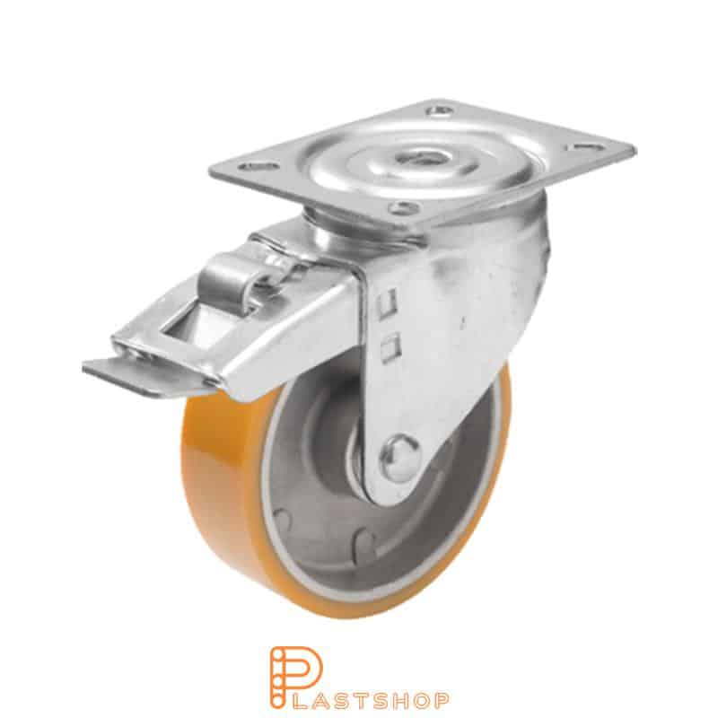 Lenkehjul uten bremse, plate, hjuldiameter 125 mm, byggehøyde 157 mm, nav i aluminium med myk bane i PUR i oransje farge. 200 kg bæreevne, doble kuleledd