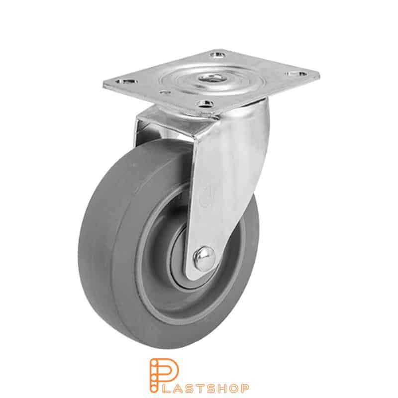 Link wheel without brake, plate, wheel diameter 125 mm, building height 157 mm, hub in PA6 with soft band in ElastoGum in grå. 140 kg load capacity, ball bearing