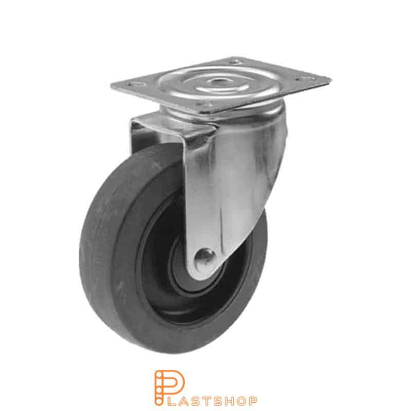 Link wheel without brake, plate, wheel diameter 125 mm, building height 157 mm, hub in PA6 with soft band in ElastoGum in grå. 225 kg load capacity, ball bearing