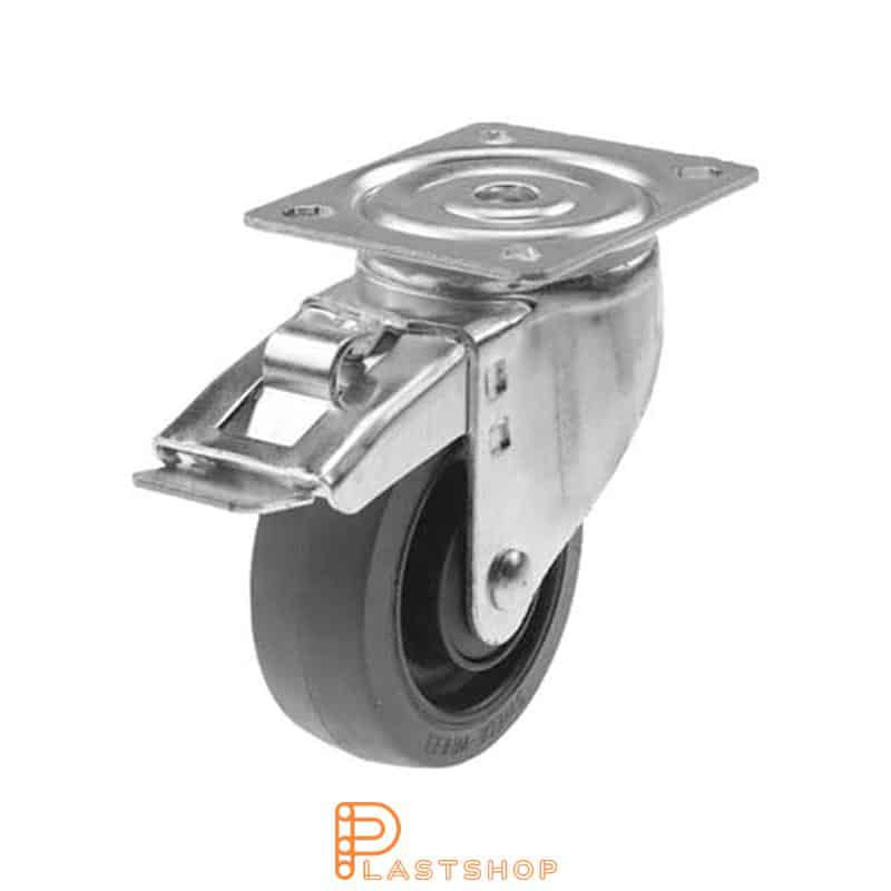 Link wheel without brake, plate, wheel diameter 125 mm, building height 157 mm, hub in PA6 with soft band in ElastoGum in grå. 225 kg load capacity, ball bearing