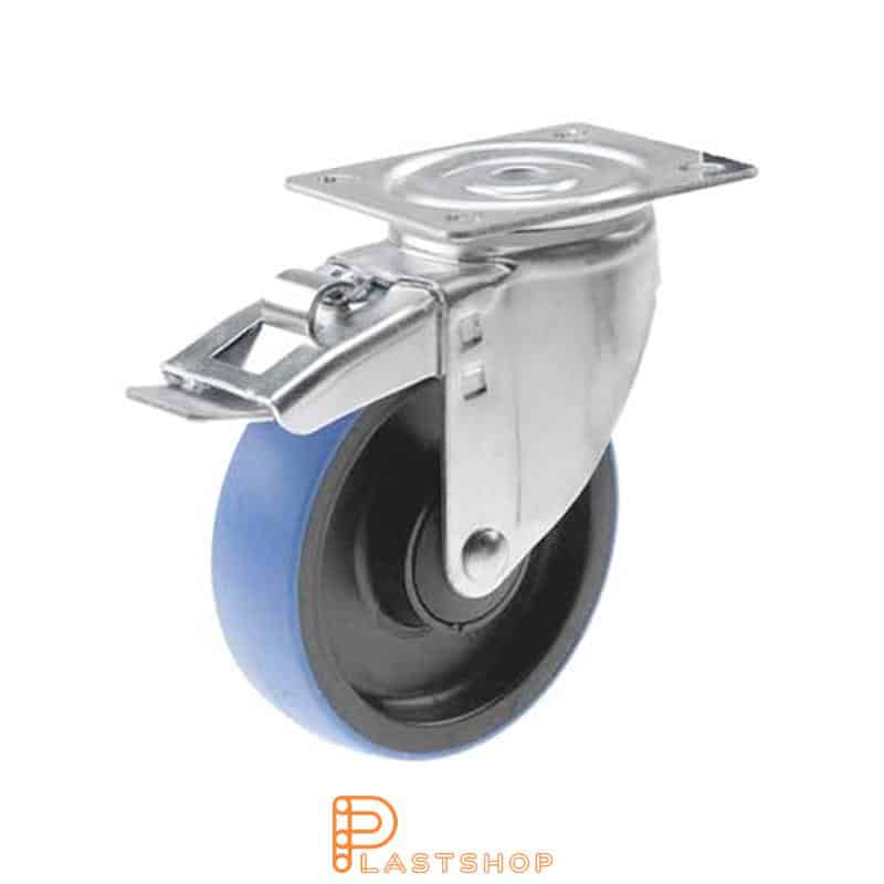 Link wheel without brake, plate, wheel diameter 125 mm, building height 157 mm, hub in PA6 with soft band in PUR in blå. 200 kg load capacity, ball bearing