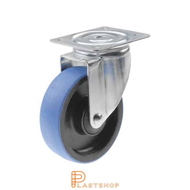 Link wheel without brake, plate, wheel diameter 125 mm, building height 157 mm, hub in PA6 with soft band in PUR in blå. 225 kg load capacity, ball bearing