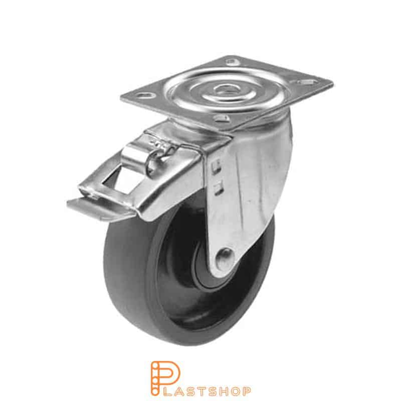 Link wheel without brake, plate, wheel diameter 125 mm, building height 157 mm, hub in PA6 with soft band in PUR in gray color. 200 kg load capacity, ball bearing