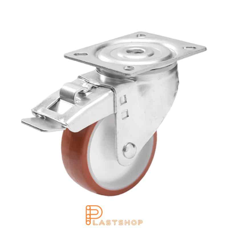 Link wheel without brake, plate, wheel diameter 125 mm, building height 157 mm, hub in PA6 with soft band in PUR in red color. 200 kg load capacity, slide bearing