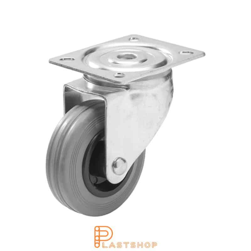 Link wheel without brake, plate, wheel diameter 125 mm, building height 157 mm, hub in PP with soft band in rubber in grå. 160 kg load capacity, slide bearing