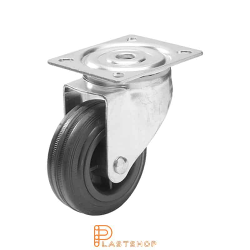 Link wheel without brake, plate, wheel diameter 125 mm, building height 157 mm, hub in PP with soft band in rubber in svart. 160 kg load capacity, roller bearing