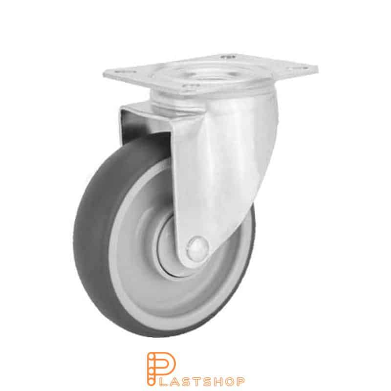 Link wheel without brake, plate, wheel diameter 125 mm, building height 157 mm, hub in PP with soft band in TPE in grå. 100 kg load capacity, ball bearing