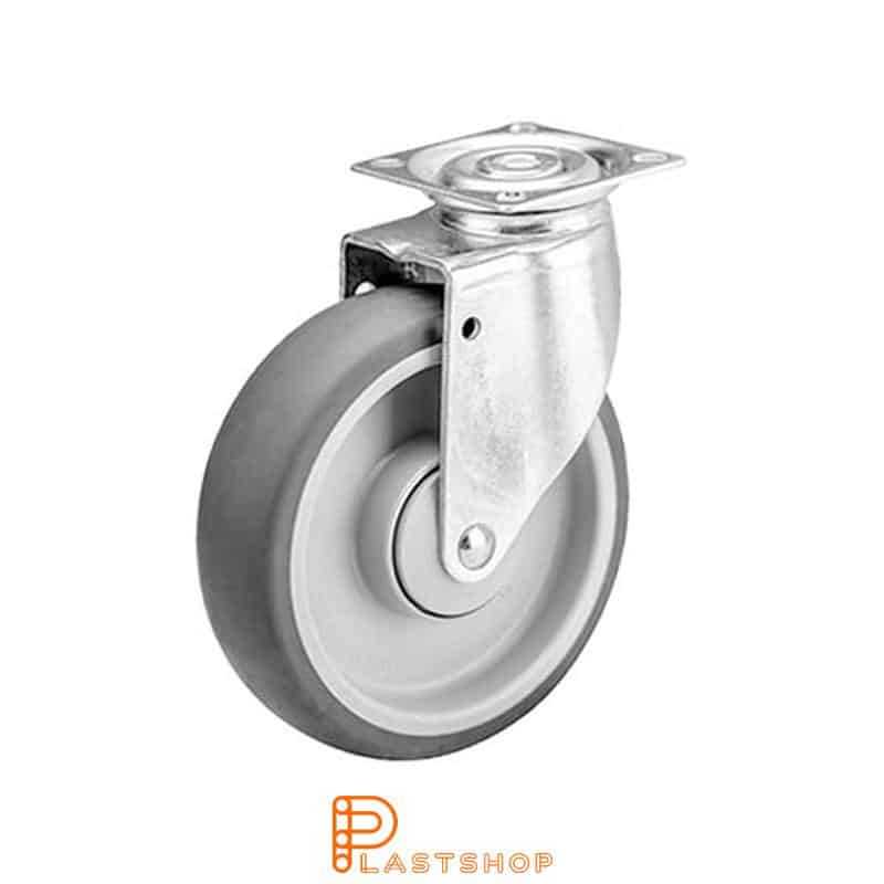 Link wheel without brake, plate, wheel diameter 125 mm, building height 159 mm, hub in PP with soft band in TPE in gray color. 100 kg load capacity, ball bearing