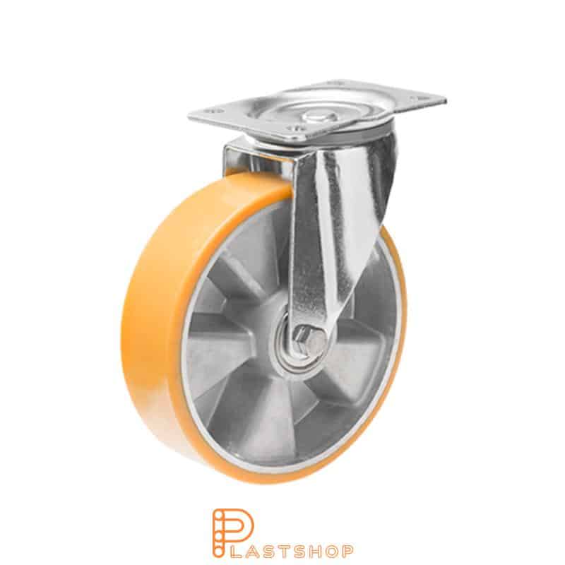 Länkhjul utan broms, platta, hjuldiameter 125 mm, bygghöjd 163 mm, nav i aluminium med mjuk bana i PUR i orange färg. 350 kg bärighet, dubbla kullager