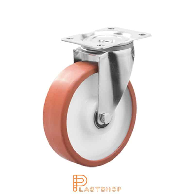 Link wheel without brake, plate, wheel diameter 125 mm, building height 163 mm, hub in PA6 with soft band in PUR in röd. 400 kg load capacity, double ball bearing