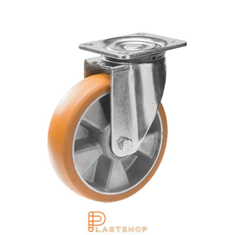 Link wheel without brake, plate, wheel diameter 125 mm, building height 164 mm, hub in aluminum with soft band in ElastoPUR in brun. 450 kg load capacity, double ball bearing