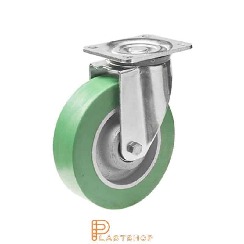 Link wheel without brake, plate, wheel diameter 125 mm, building height 164 mm, hub in cast iron with soft band in ElastoPUR in grön. 350 kg load capacity, double ball bearing