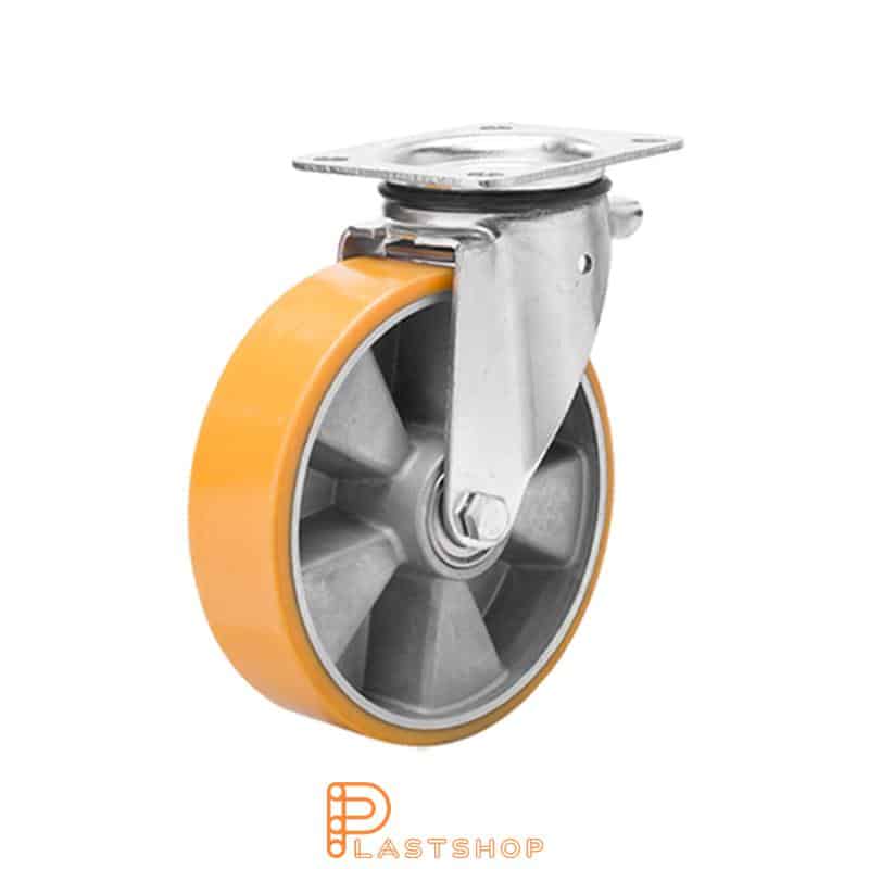 Länkhjul utan broms, platta, hjuldiameter 125 mm, bygghöjd 165,5 mm, nav i aluminium med mjuk bana i PUR i orange färg. 400 kg bärighet, dubbla kullager