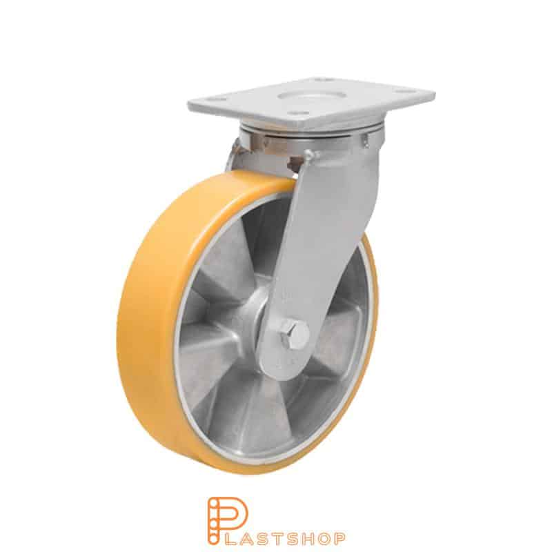 Lenkehjul uten bremse, plate, hjuldiameter 125 mm, byggehøyde 170 mm, nav i aluminium med myk bane i PUR i oransje farge. 450 kg bæreevne, doble kuleledd