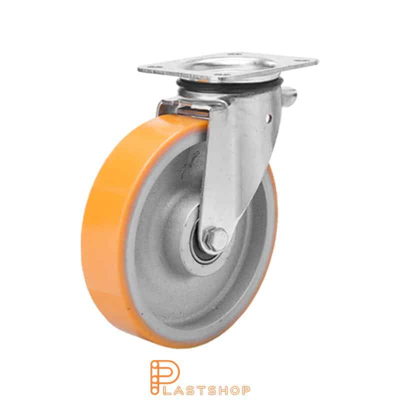 Link wheel without brake, plate, wheel diameter 150 mm, building height 191 mm, hub in cast iron with soft band in PUR in orange. 400 kg load capacity, double ball bearing
