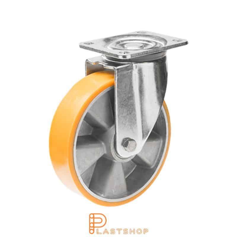 Lenkehjul uten bremse, plate, hjuldiameter 150 mm, byggehøyde 194 mm, nav i aluminium med myk bane i PUR i oransje farge. 550 kg bæreevne, doble kuleledd