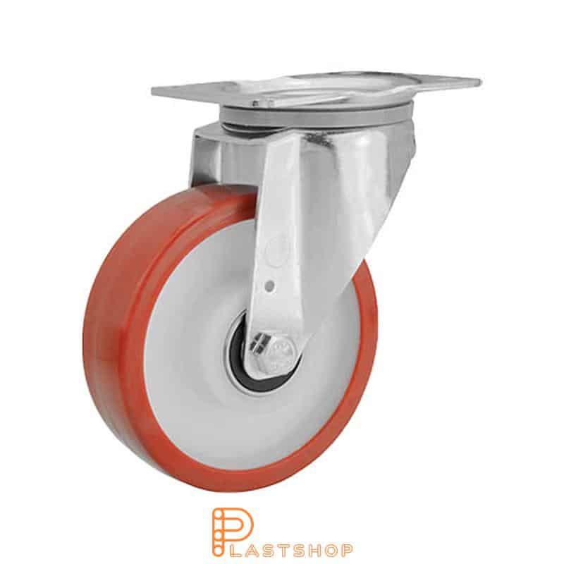 Link wheel without brake, plate, wheel diameter 150 mm, building height 195 mm, hub in PA6 with soft band in PUR in röd. 350 kg load capacity, double ball bearing