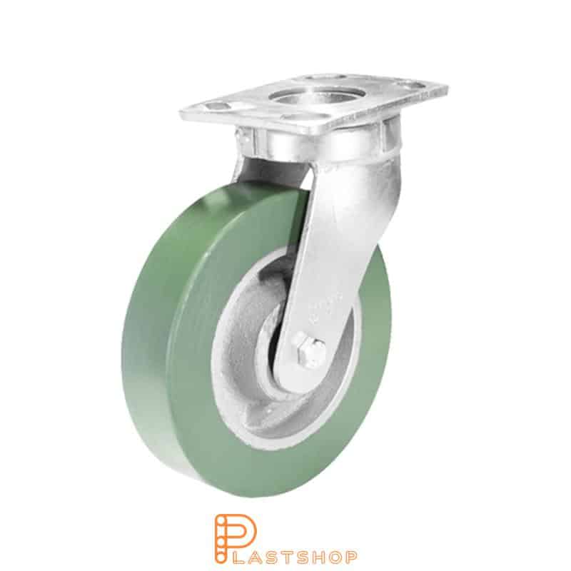 Link wheel without brake, plate, wheel diameter 150 mm, building height 200 mm, hub in cast iron with soft band in ElastoPUR in grön. 450 kg load capacity, double ball bearing