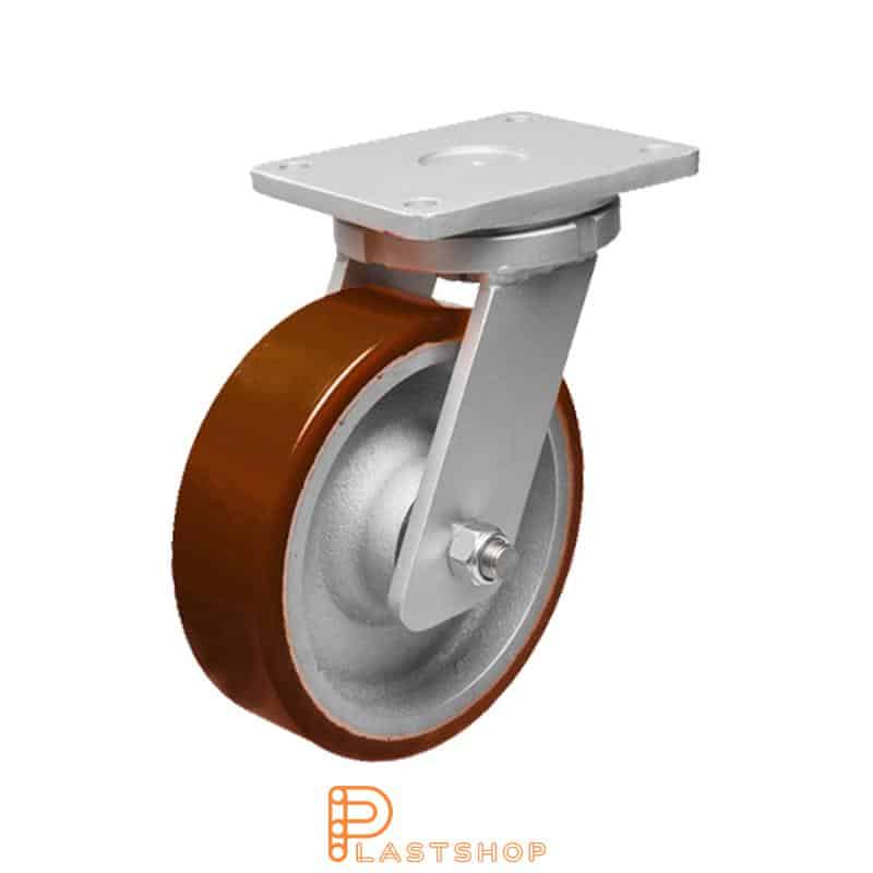 Länkhjul utan broms, platta, hjuldiameter 150 mm, bygghöjd 212 mm, nav i gjutjärn med mjuk bana i PUR i orange färg. 1000 kg bärighet, dubbla kullager