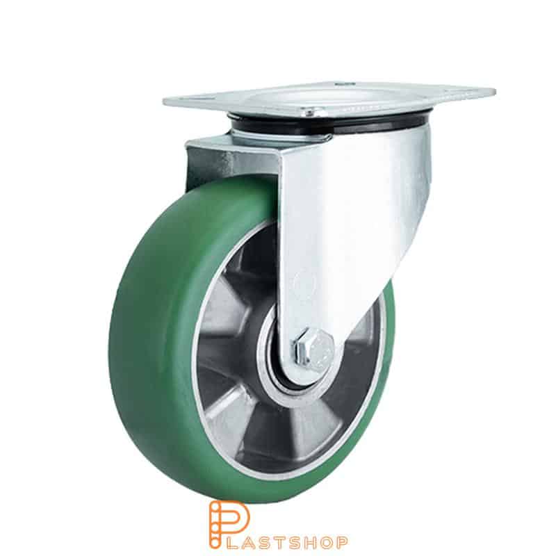 Link wheel without brake, plate, wheel diameter 160 mm, building height 195 mm, hub in aluminum with soft band in ElastoPUR in grön. 350 kg load capacity, double ball bearing