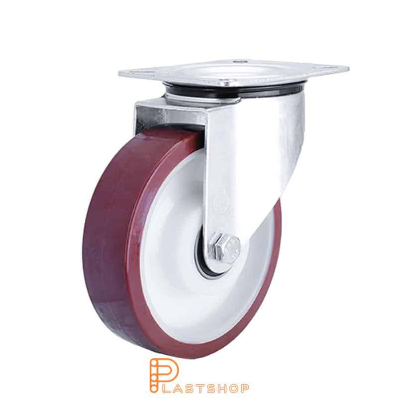 Link wheel without brake, plate, wheel diameter 160 mm, building height 195 mm, hub in PA6 with soft band in PUR in röd. 350 kg load capacity, double ball bearing