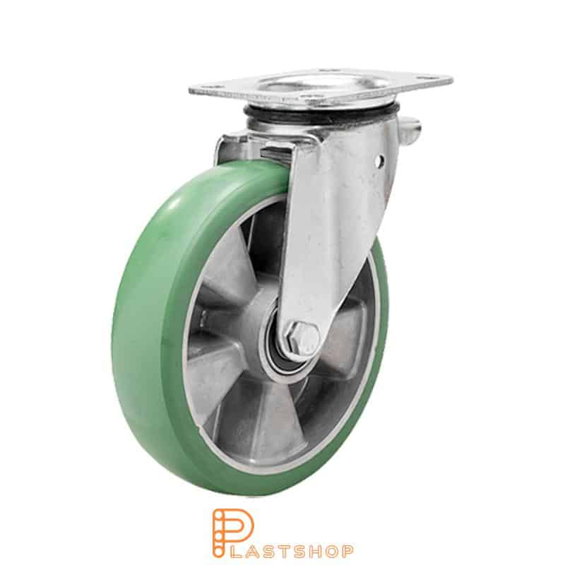 Link wheel without brake, plate, wheel diameter 160 mm, building height 196 mm, hub in aluminum with soft band in ElastoPUR in grön. 400 kg load capacity, double ball bearing