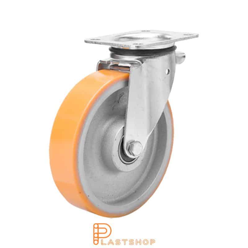 Link wheel without brake, plate, wheel diameter 160 mm, building height 196 mm, hub in cast iron with soft band in PUR in orange. 400 kg load capacity, double ball bearing