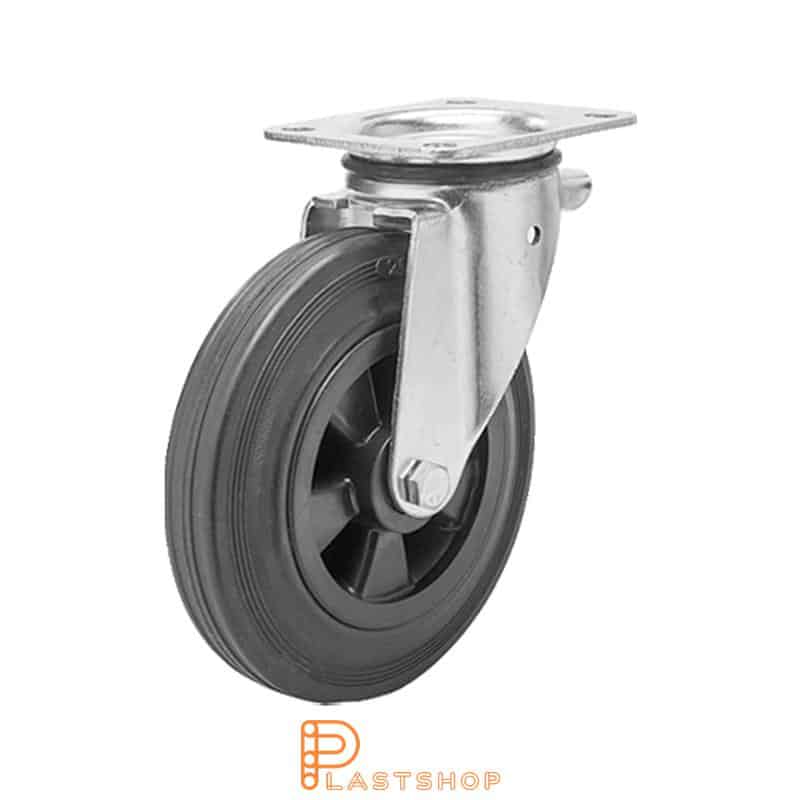 Link wheel without brake, plate, wheel diameter 160 mm, building height 196 mm, hub in PP with soft band in rubber in svart. 135 kg load capacity, roller bearing