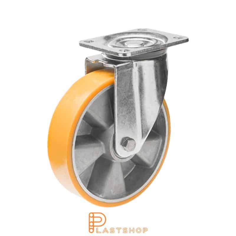 Lenkehjul uten bremse, plate, hjuldiameter 160 mm, byggehøyde 199 mm, nav i aluminium med myk bane i PUR i oransje farge. 600 kg bæreevne, doble kuleledd