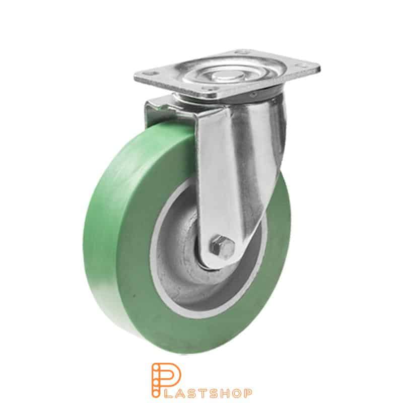 Link wheel without brake, plate, wheel diameter 160 mm, building height 199 mm, hub in cast iron with soft band in ElastoPUR in grön. 550 kg load capacity, double ball bearing