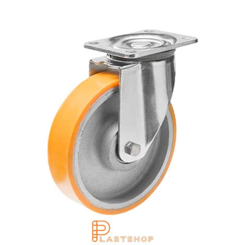 Länkhjul utan broms, platta, hjuldiameter 160 mm, bygghöjd 199 mm, nav i gjutjärn med mjuk bana i PUR i orange färg. 750 kg bärighet, dubbla kullager