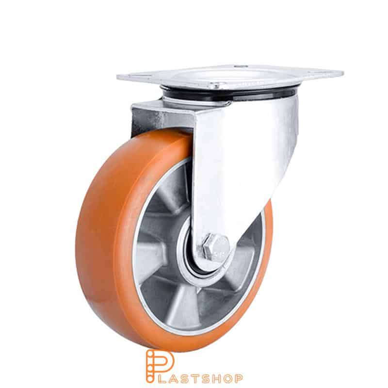 Link wheel without brake, plate, wheel diameter 160 mm, building height 200 mm, hub in aluminum with soft band in ElastoPUR in brun. 350 kg load capacity, double ball bearing