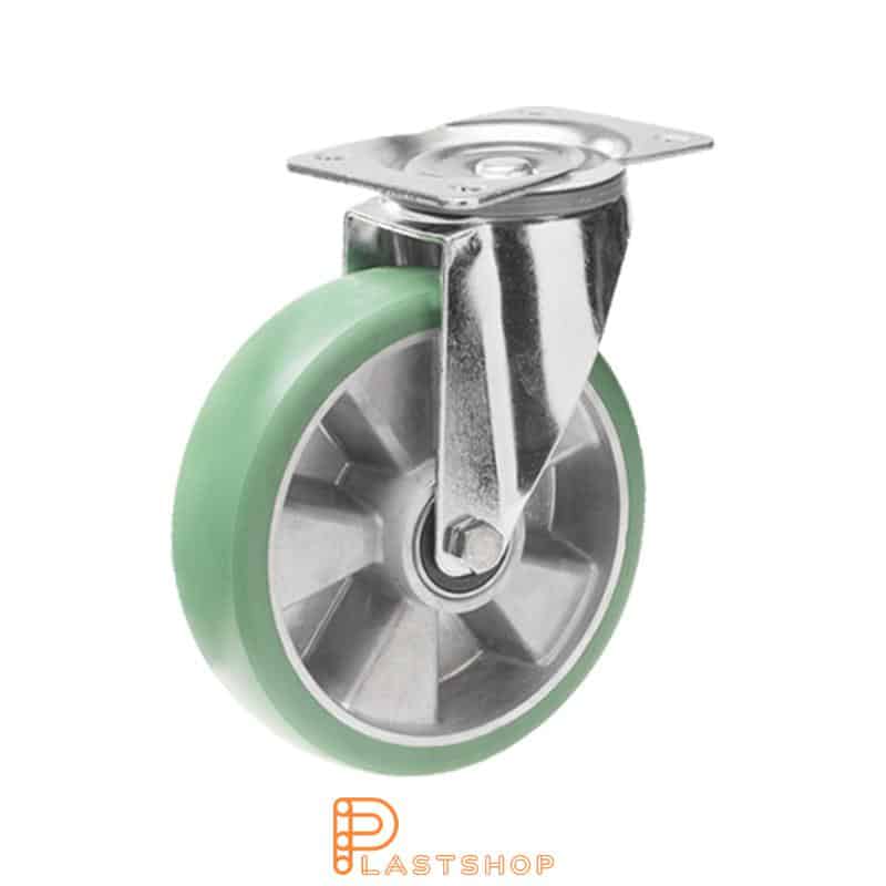 Link wheel without brake, plate, wheel diameter 160 mm, building height 200 mm, hub in aluminum with soft band in ElastoPUR in green color. 350 kg load capacity, double ball bearing