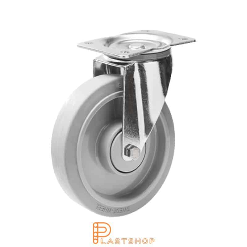 Lenkehjul uten bremse, plate, hjuldiameter 160 mm, byggehøyde 200 mm, nav i PA6 med myk bane i ElastoGum i grå farge. 350 kg bæreevne, doble kuleledd