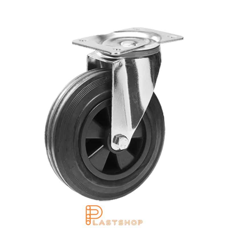 Rueda de enlace sin freno, placa, diámetro de la rueda 160 mm, altura de construcción 200 mm, buje en PP con banda suave en goma de color negro. 135 kg de carga, rodamientos de rodadura