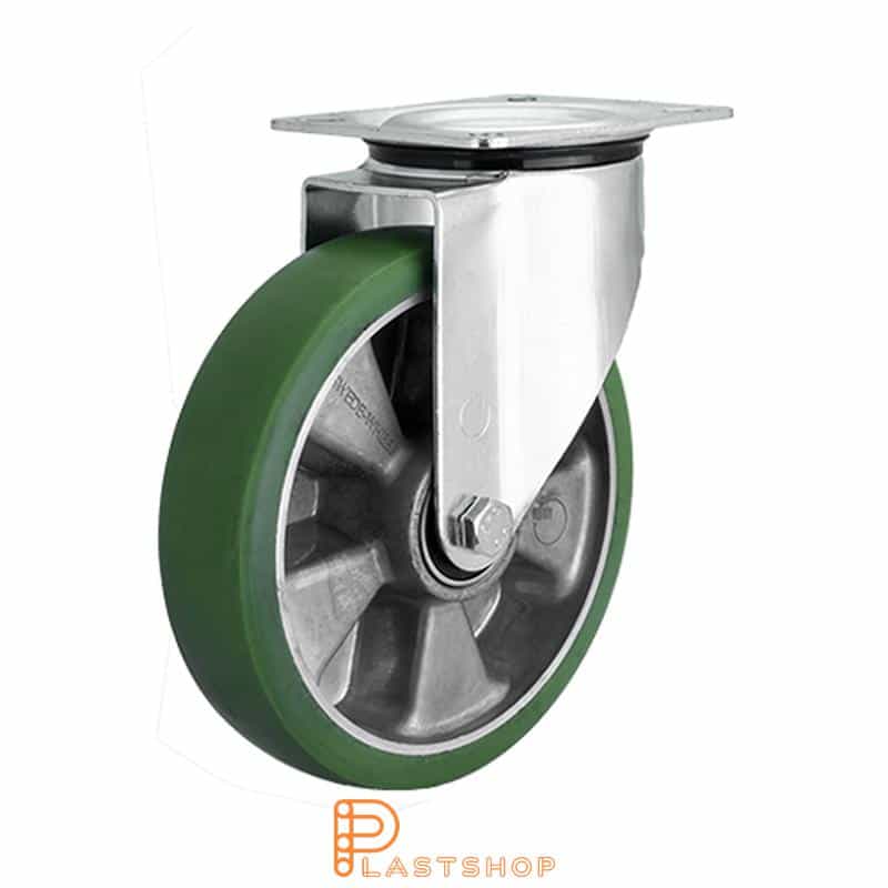 Rueda de enlace sin freno, placa, diámetro de la rueda 200 mm, altura de construcción 235 mm, buje en aluminio con banda suave en ElastoPUR de color verde. 350 kg de carga, rodamientos de bolas dobles