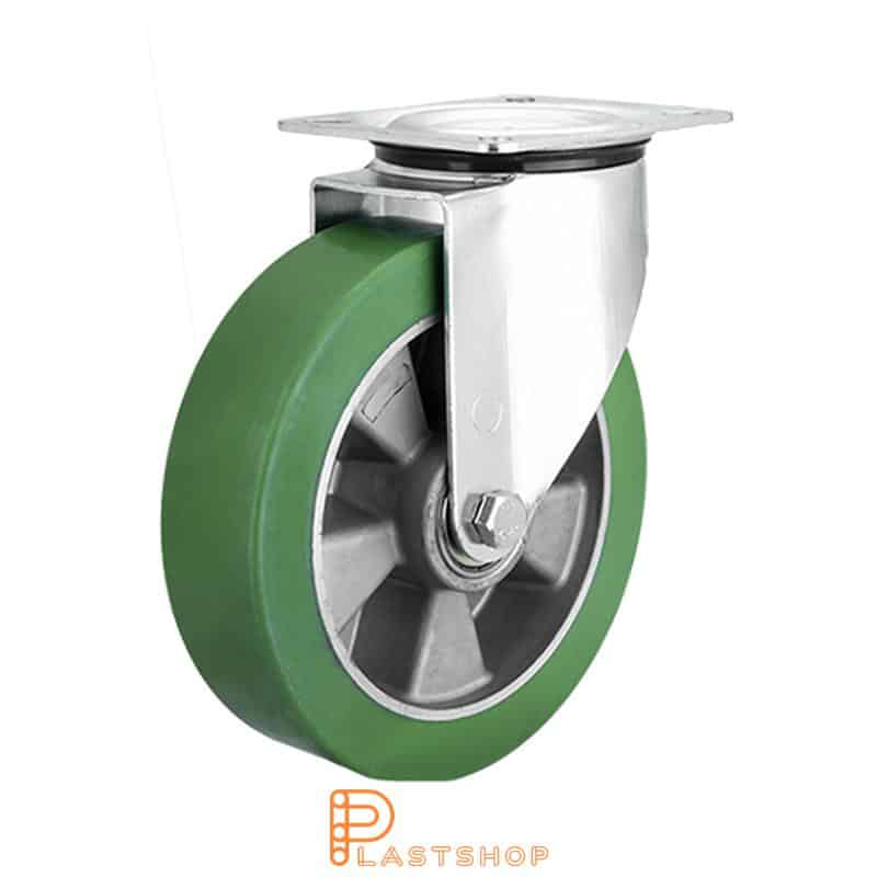 Lenkehjul uten bremse, plate, hjuldiameter 200 mm, byggehøyde 235 mm, nav i aluminium med myk bane i ElastoPUR i grønn farge. 400 kg bæreevne, doble kuleledd