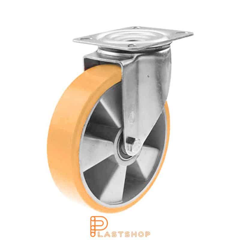 Lenkehjul uten bremse, plate, hjuldiameter 200 mm, byggehøyde 235 mm, nav i aluminium med myk bane i PUR i oransje farge. 350 kg bæreevne, kuleledd