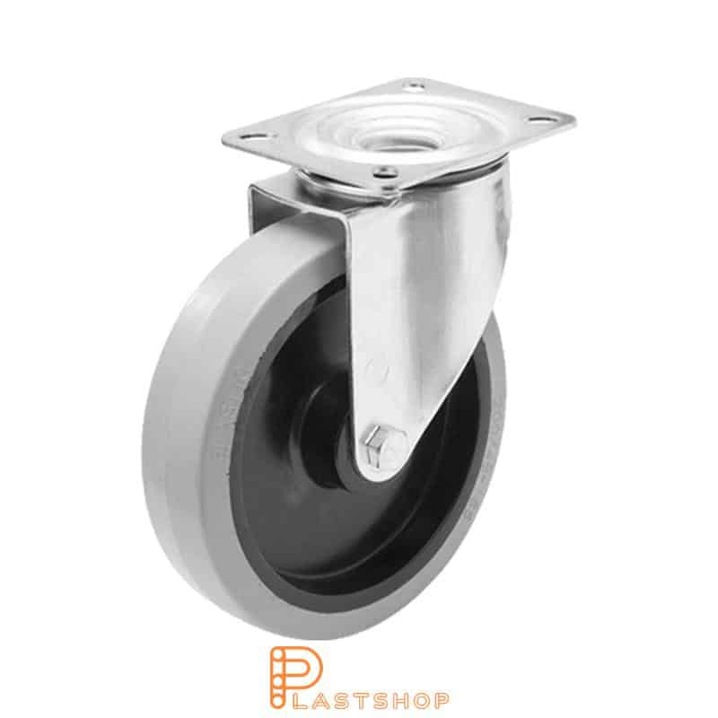 Link wheel without brake, plate, wheel diameter 200 mm, building height 235 mm, hub in PA6 with soft band in ElastoGum in grå. 250 kg load capacity, roller bearing