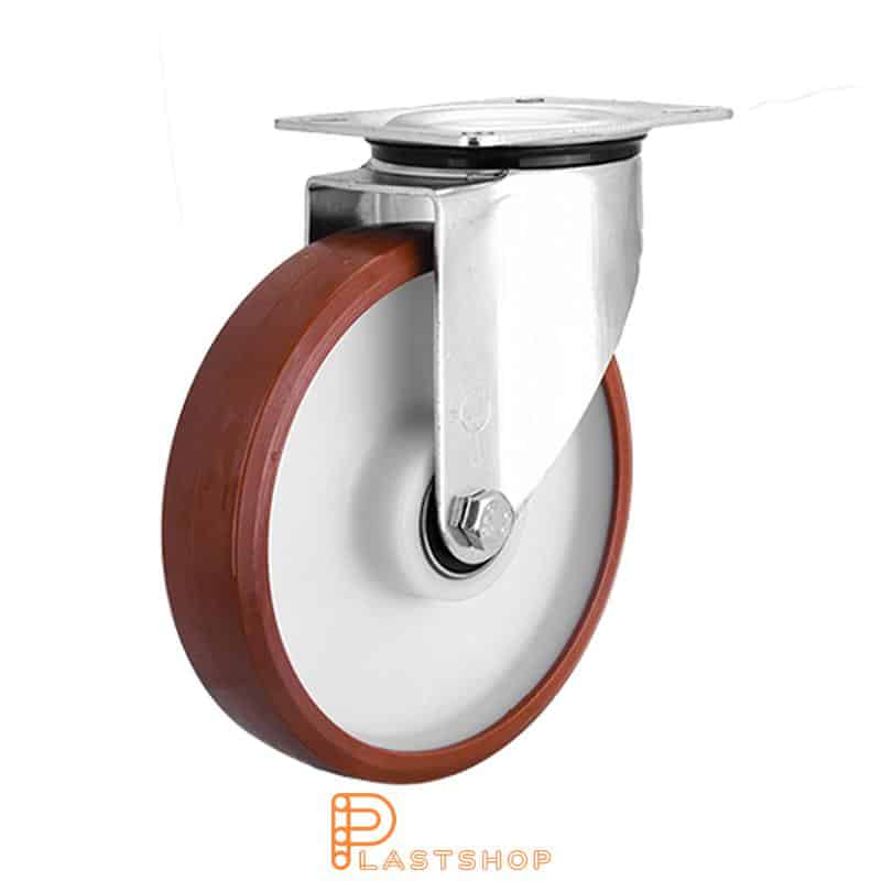 Link wheel without brake, plate, wheel diameter 200 mm, building height 235 mm, hub in PA6 with soft band in PUR in röd. 350 kg load capacity, double ball bearing