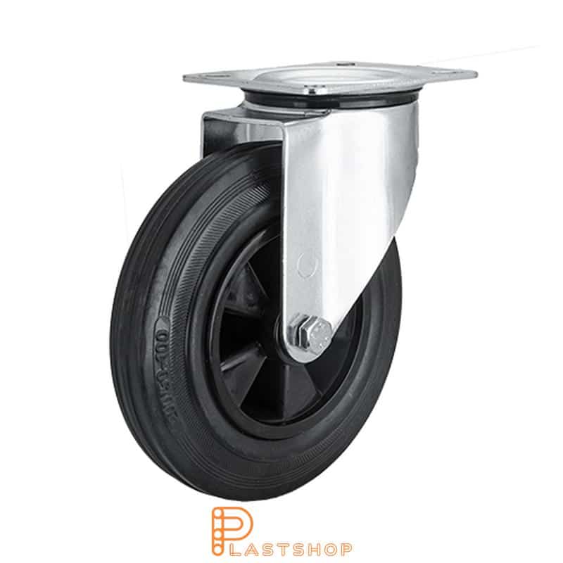 Link wheel without brake, plate, wheel diameter 200 mm, building height 235 mm, hub in PP with soft band in rubber in black color. 200 kg load capacity, roller bearing