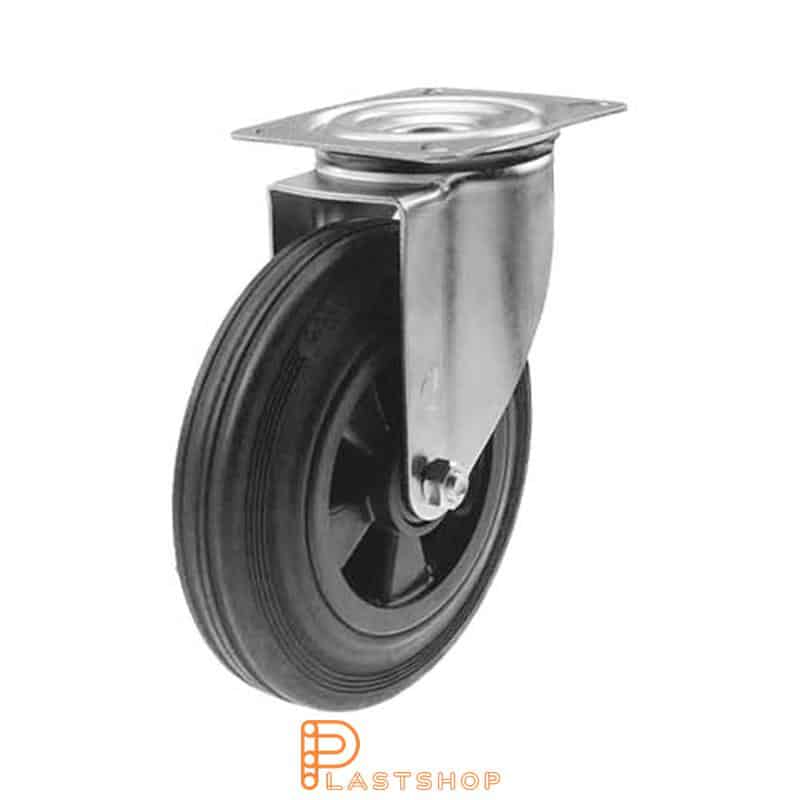 Link wheel without brake, plate, wheel diameter 200 mm, building height 235 mm, hub in PP with soft band in rubber in svart. 205 kg load capacity, roller bearing