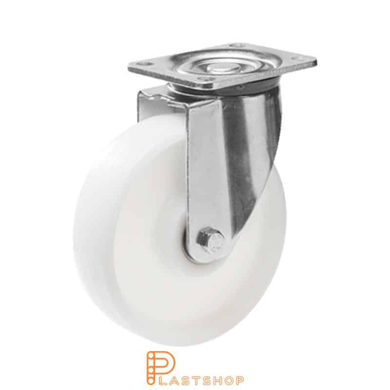 Link wheel without brake, plate, wheel diameter 200 mm, building height 239 mm, hard wheel in solid PA6, 600 kg load capacity, double ball bearing